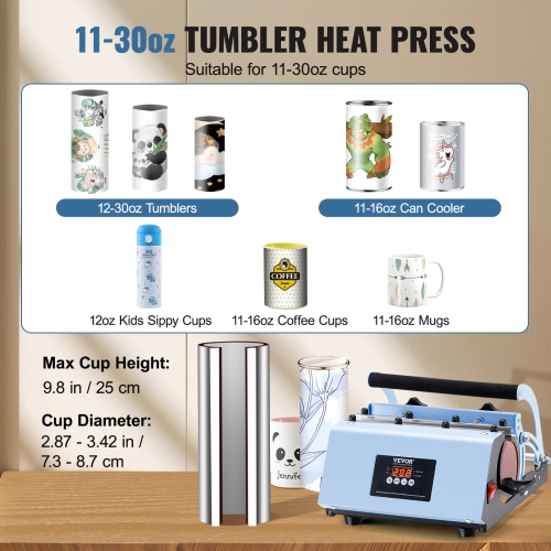 VEVOR 11-30oz Tumbler Heat Press Machine, Heat Up Fast and Even, Tumbler Press with Sublimation Paper, Tape and Gloves, Temp and Time Setting, for