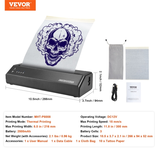 VEVOR 10Pcs Tattoo Stencil Printer, Wireless Bluetooth Tattoo Printer Transfer Stencil Machine with Transfer Paper, Compatible for iOS＆Android Phone,