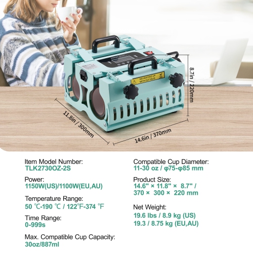 Machine à presser à chaleur des gobelets à 2 stations de VEVOR, presse-tasse à 11 30&nbsp;oz, chauffe rapidement et uniformément, presse-gobelet avec