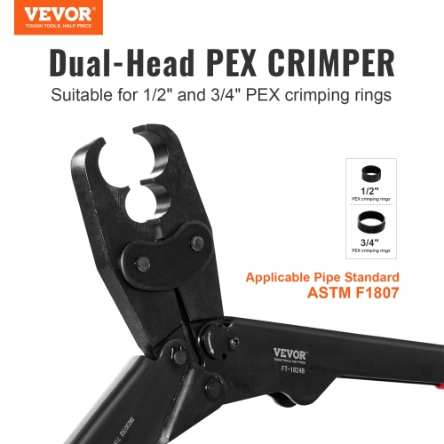 VEVOR 1/2" and 3/4" PEX Crimping Tool, Dual Head Combo PEX Crimper Tool for PEX Copper Crimp Rings, Compact Plumbing Crimp Tool with Go/No-Go Gauge,