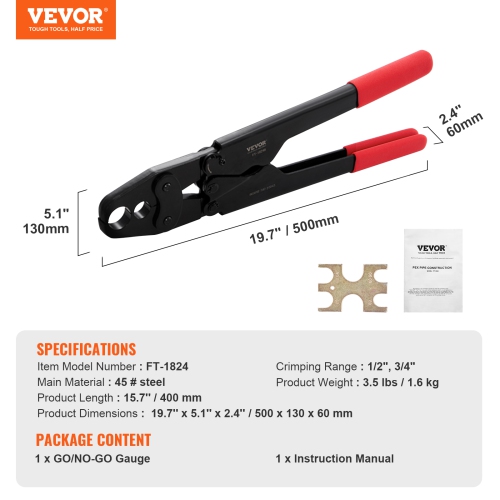 VEVOR 1/2" and 3/4" PEX Crimping Tool, Dual Head Combo PEX Crimper Tool for PEX Copper Crimp Rings, Compact Plumbing Crimp Tool with Go/No-Go Gauge,