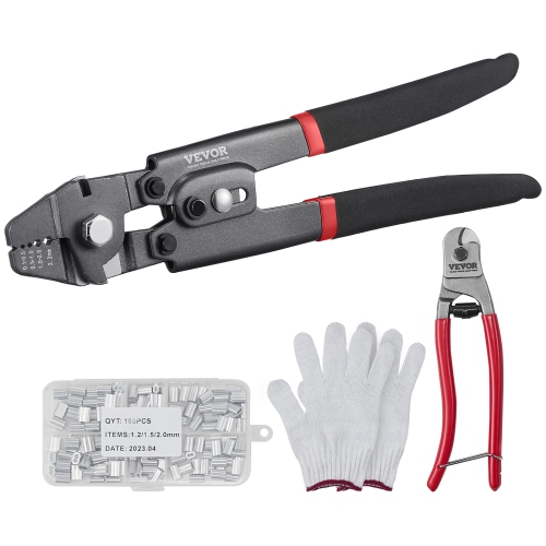 VEVOR 2.2mm Wire Rope Crimping Tool and Cutter, Wire Cable Crimps, 1/64" - 3/32" Crimping Loop Sleeve Kit and 160pcs Aluminum Buckles, Fishing