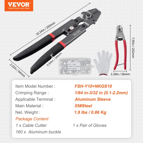 VEVOR 2.2mm Wire Rope Crimping Tool and Cutter, Wire Cable Crimps, 1/64" - 3/32" Crimping Loop Sleeve Kit and 160pcs Aluminum Buckles, Fishing