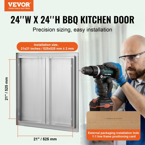 VEVOR 24W x 24H Inch BBQ Access Door, Double Outdoor Kitchen Door, Stainless Steel Flush Mount Door, Wall Vertical Door with Recessed Handles , for