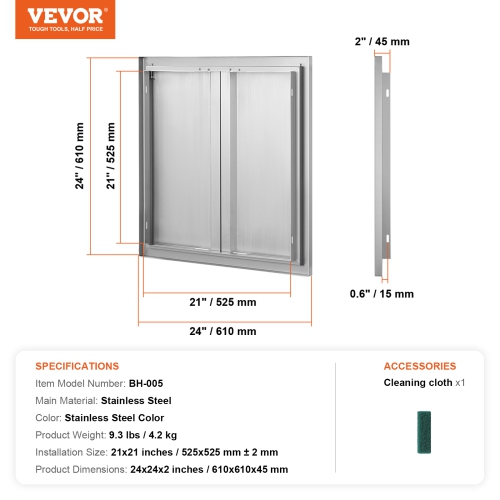 VEVOR 24W x 24H Inch BBQ Access Door, Double Outdoor Kitchen Door, Stainless Steel Flush Mount Door, Wall Vertical Door with Recessed Handles , for