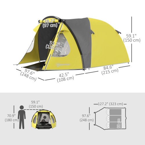 Outsunny 4 Person Camping Tent, Easy Set Up Dome Tent Family Tent, 3000mm Waterproof Tents for Camping with Porch and Bedroom Sewn-in Groundsheet for