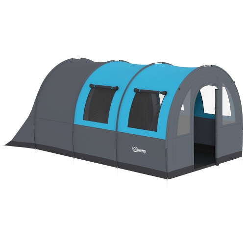 Image 1 de 9.. Tente de camping Outsunny pour 5-6&nbsp;personnes, tente familiale étanche Tunnel 3000&nbsp;mm avec salon et chambre, 5 grandes fenêtres en filet,