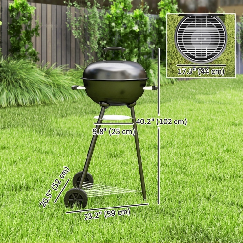 Outsunny 17" Kettle Charcoal BBQ Grill with BBQ Accessories, Barbecue Grill with Shelf, Ash Catcher, Wheels, Handles for Outdoor Cooking, Patio