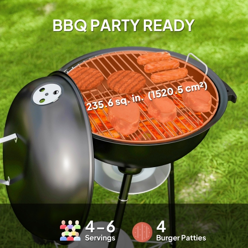 Outsunny 17" Kettle Charcoal BBQ Grill with BBQ Accessories, Barbecue Grill with Shelf, Ash Catcher, Wheels, Handles for Outdoor Cooking, Patio