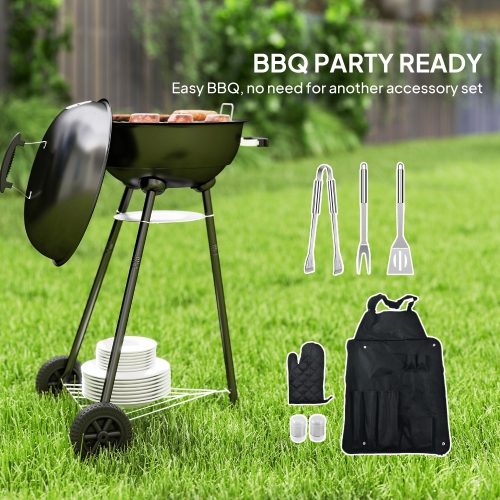 Outsunny 17" Kettle Charcoal BBQ Grill with BBQ Accessories, Barbecue Grill with Shelf, Ash Catcher, Wheels, Handles for Outdoor Cooking, Patio