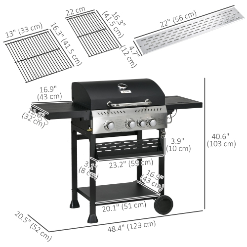 Outsunny Propane Gas Grill with 3 Main Burners, 1 Side Burner, 38,000 BTU Outdoor BBQ Grill Cart with Wheels, Warming Rack, Shelves, Thermometer,