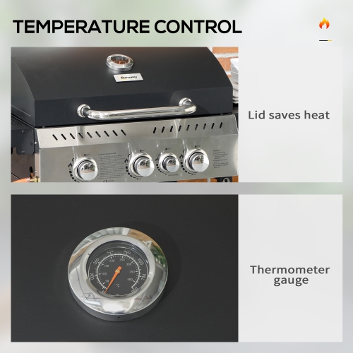 Outsunny Propane Gas Grill with 3 Main Burners, 1 Side Burner, 38,000 BTU Outdoor BBQ Grill Cart with Wheels, Warming Rack, Shelves, Thermometer,