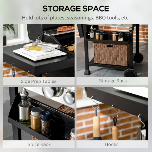 Outsunny Propane Gas Grill with 3 Main Burners, 1 Side Burner, 38,000 BTU Outdoor BBQ Grill Cart with Wheels, Warming Rack, Shelves, Thermometer,