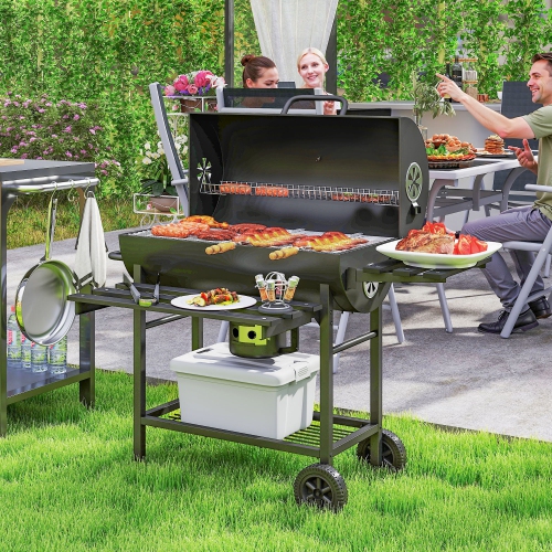 Outsunny 29" Charcoal BBQ Grill with Foldable Front Side Table, Barbecue Grill with Spacious Cooking Area, Shelf, Lid, Thermometer, Wheels for