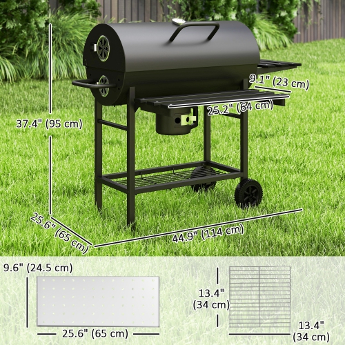 Outsunny 29" Charcoal BBQ Grill with Foldable Front Side Table, Barbecue Grill with Spacious Cooking Area, Shelf, Lid, Thermometer, Wheels for