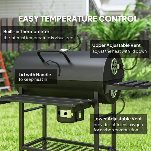 Outsunny 29" Charcoal BBQ Grill with Foldable Front Side Table, Barbecue Grill with Spacious Cooking Area, Shelf, Lid, Thermometer, Wheels for