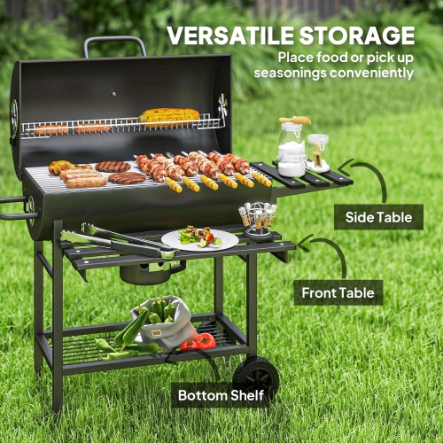 Outsunny 29" Charcoal BBQ Grill with Foldable Front Side Table, Barbecue Grill with Spacious Cooking Area, Shelf, Lid, Thermometer, Wheels for