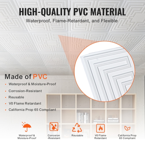 VEVOR 12-Pack 24 x 24in Ceiling Tiles, Drop Ceiling Tiles Premium PVC Sheet, Easy Installation/ Cutting Plastic Glue-up Ceiling Tile, for Home/Office