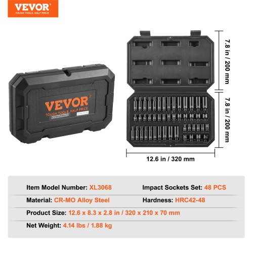 VEVOR 1/4" Drive Impact Socket Set, 48 Piece Deep & Shallow Socket Set SAE 3/16"-9/16" and Metric 4-15mm, 6 Point Cr-Mo Alloy Steel, Easy-to-Read