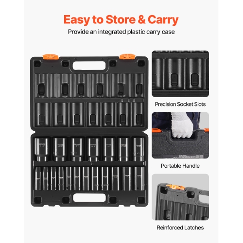 VEVOR 1/2" Impact Socket Set, 19 Piece Impact Sockets, 6-Point Sockets, 1/2 Inches Drive Socket Set Impact 3/8 inch - 1-1/2 inch, Cr-V Rugged