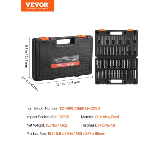 VEVOR 1/2" Impact Socket Set, 19 Piece Impact Sockets, 6-Point Sockets, 1/2 Inches Drive Socket Set Impact 3/8 inch - 1-1/2 inch, Cr-V Rugged