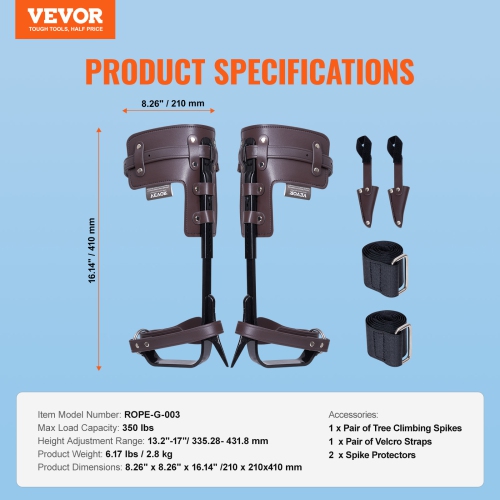 VEVOR 1 Pair Alloy Steel Climbing Spurs, 350lbs Load Capacity Tree Climbing Gear with Straps and Spike Protectors, Arborist Equipment for Climbers,
