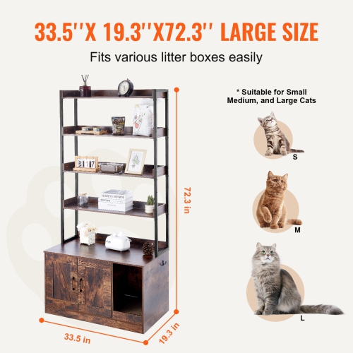 VEVOR 33.5"L x 19.3"W x 72.3"H Cat Litter Box Enclosure, Hidden Litter Box Furniture with 4 Storage Shelves, Wooden Cat Washroom, Cabinet Hidden Fit