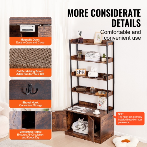 VEVOR 33.5"L x 19.3"W x 72.3"H Cat Litter Box Enclosure, Hidden Litter Box Furniture with 4 Storage Shelves, Wooden Cat Washroom, Cabinet Hidden Fit