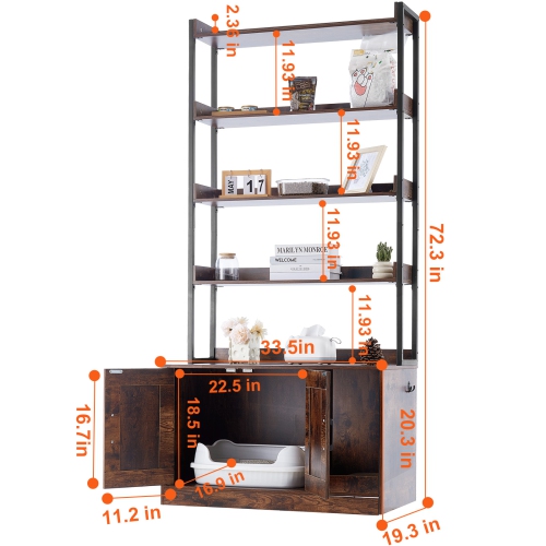 VEVOR 33.5"L x 19.3"W x 72.3"H Cat Litter Box Enclosure, Hidden Litter Box Furniture with 4 Storage Shelves, Wooden Cat Washroom, Cabinet Hidden Fit