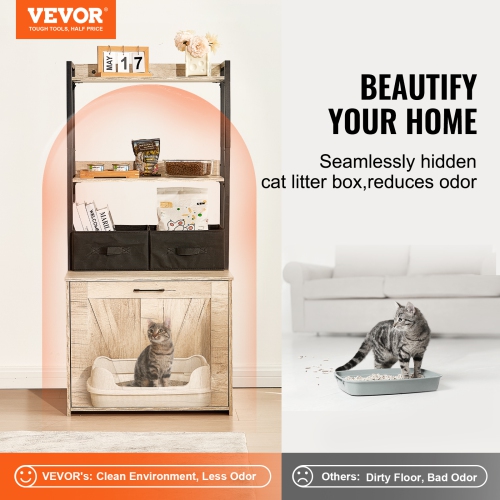 VEVOR 23.6"L x 19.7"W x 50"H Cat Litter Box Enclosure, Hidden Litter Box Furniture with 2 Storage Shelves & 2 Baskets, Wooden Cat Washroom, Cabinet