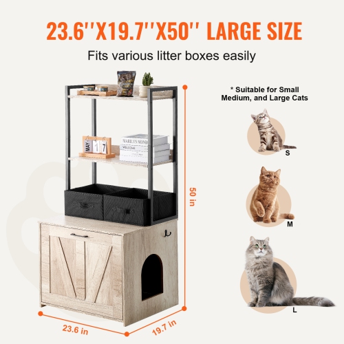 VEVOR 23.6"L x 19.7"W x 50"H Cat Litter Box Enclosure, Hidden Litter Box Furniture with 2 Storage Shelves & 2 Baskets, Wooden Cat Washroom, Cabinet