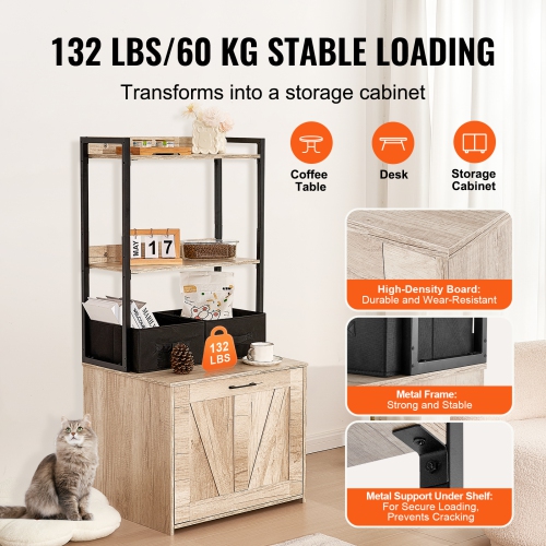 VEVOR 23.6"L x 19.7"W x 50"H Cat Litter Box Enclosure, Hidden Litter Box Furniture with 2 Storage Shelves & 2 Baskets, Wooden Cat Washroom, Cabinet