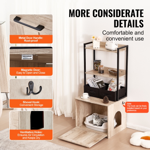 VEVOR 23.6"L x 19.7"W x 50"H Cat Litter Box Enclosure, Hidden Litter Box Furniture with 2 Storage Shelves & 2 Baskets, Wooden Cat Washroom, Cabinet