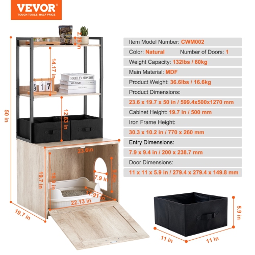 VEVOR 23.6"L x 19.7"W x 50"H Cat Litter Box Enclosure, Hidden Litter Box Furniture with 2 Storage Shelves & 2 Baskets, Wooden Cat Washroom, Cabinet