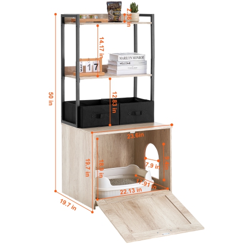 VEVOR 23.6"L x 19.7"W x 50"H Cat Litter Box Enclosure, Hidden Litter Box Furniture with 2 Storage Shelves & 2 Baskets, Wooden Cat Washroom, Cabinet