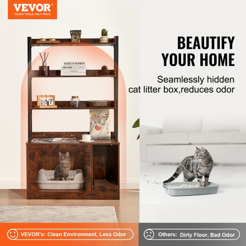 VEVOR 33.5"L x 19.3"W x 58.7"H Cat Litter Box Enclosure, Hidden Litter Box Furniture with 3 Storage Shelves, Wooden Cat Washroom, Cabinet Hidden Fit