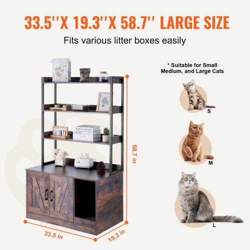 VEVOR 33.5"L x 19.3"W x 58.7"H Cat Litter Box Enclosure, Hidden Litter Box Furniture with 3 Storage Shelves, Wooden Cat Washroom, Cabinet Hidden Fit