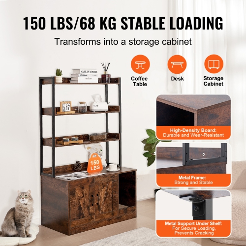 VEVOR 33.5"L x 19.3"W x 58.7"H Cat Litter Box Enclosure, Hidden Litter Box Furniture with 3 Storage Shelves, Wooden Cat Washroom, Cabinet Hidden Fit