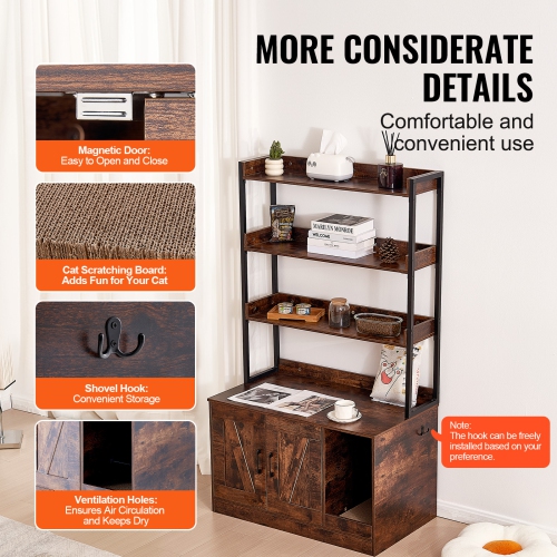 VEVOR 33.5"L x 19.3"W x 58.7"H Cat Litter Box Enclosure, Hidden Litter Box Furniture with 3 Storage Shelves, Wooden Cat Washroom, Cabinet Hidden Fit