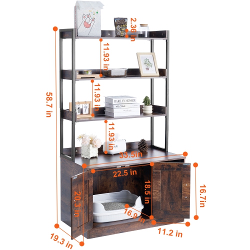 VEVOR 33.5"L x 19.3"W x 58.7"H Cat Litter Box Enclosure, Hidden Litter Box Furniture with 3 Storage Shelves, Wooden Cat Washroom, Cabinet Hidden Fit