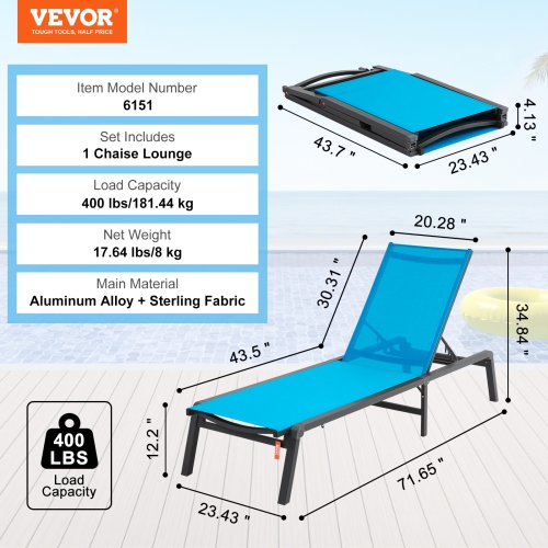 VEVOR 5-Position Chaise Lounge Chair Outdoor, Aluminum Patio Lounge Chair, Folding Pool Lounge Chair Recliner and Full Flat Tanning Chair for Patio,