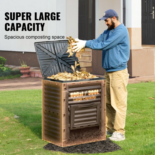VEVOR 80 Gal Garden Compost Bin, BPA Free Composter, Large Capacity Outdoor Composting Bin with Top Lid and Bottom Door, Easy Assembling,