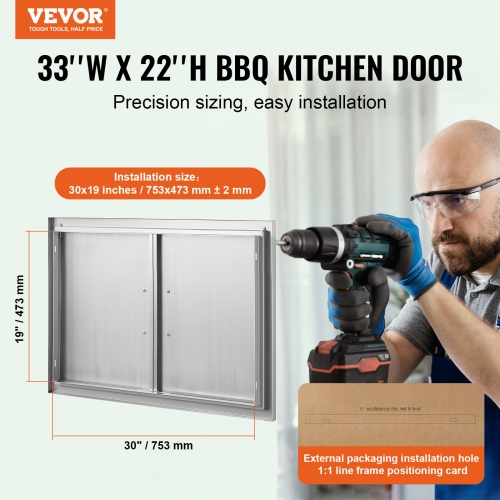 VEVOR 33W x 22H Inch BBQ Access Door, Double Outdoor Kitchen Door, Stainless Steel Flush Mount Door, Wall Vertical Door with Handles, for BBQ Island,