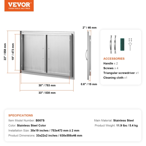 VEVOR 33W x 22H Inch BBQ Access Door, Double Outdoor Kitchen Door, Stainless Steel Flush Mount Door, Wall Vertical Door with Handles, for BBQ Island,