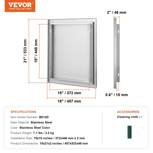 VEVOR 18W x 21H Inch BBQ Access Door, Single Outdoor Kitchen Door, Stainless Steel Flush Mount Door, Wall Vertical Door with Recessed Handle, for BBQ