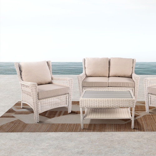 Krikacy Double Layer Wicker Coffee Table, HIPS Plastic Wood, All-Weather Handwoven Rattan, Beige