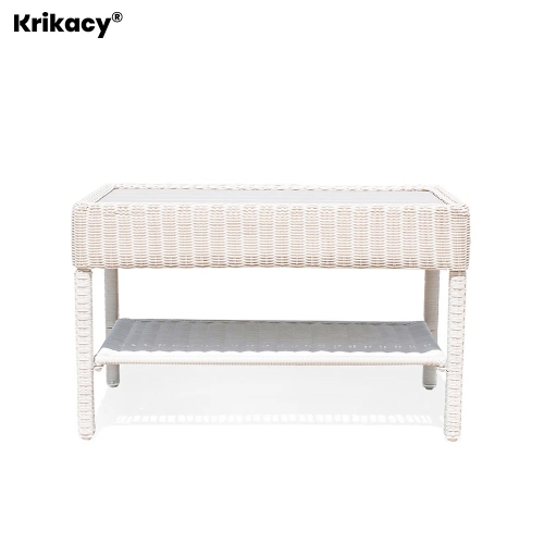 Krikacy Double Layer Wicker Coffee Table, HIPS Plastic Wood, All-Weather Handwoven Rattan, Beige