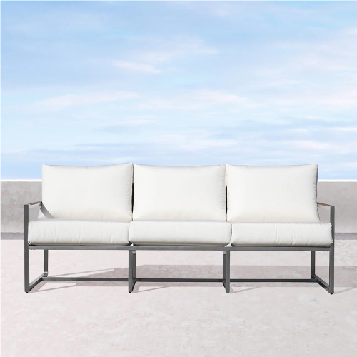 KRIKACY  Stainless Steel Teak Outdoor 3-Seater Sofa With Thick Cushions for Patio, Backyard In White