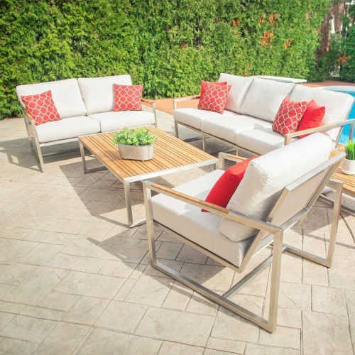 Krikacy Stainless Steel Teak Outdoor 3-seater Sofa with Thick Cushions for Patio, Backyard, White