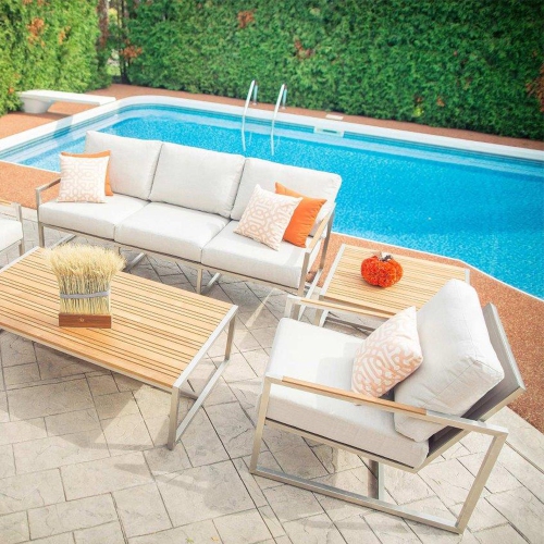 Krikacy Stainless Steel Teak Outdoor 3-seater Sofa with Thick Cushions for Patio, Backyard, White